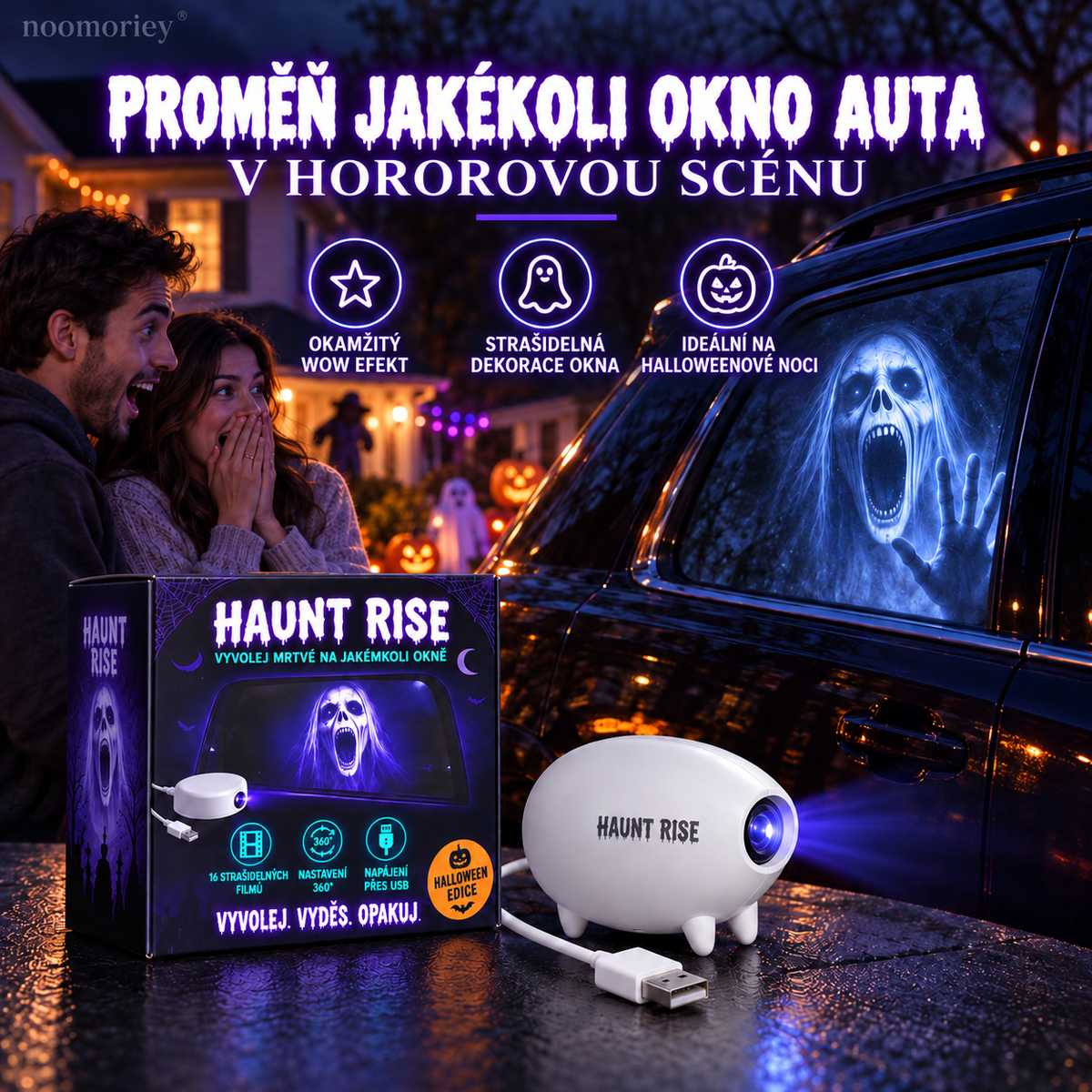 🎃 Halloweenský okenní projektor 👻 16 strašidelných filmů, USB napájení, sváteční dekorace