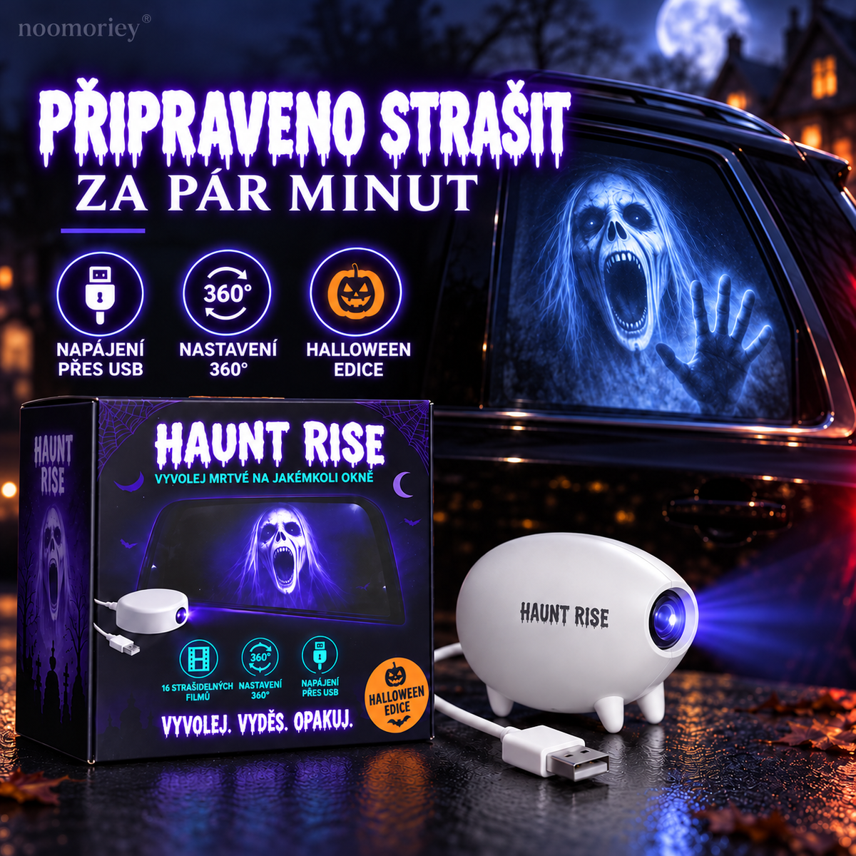 🎃 Halloweenský okenní projektor 👻 16 strašidelných filmů, USB napájení, sváteční dekorace