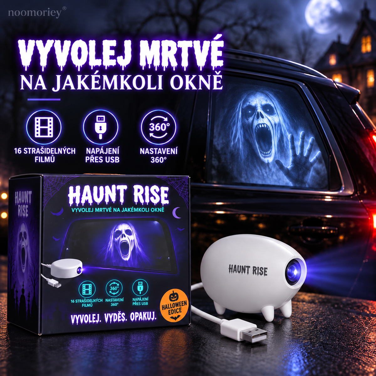🎃 Halloweenský okenní projektor 👻 16 strašidelných filmů, USB napájení, sváteční dekorace